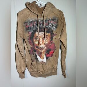 Distressed Tan Brown Custom Hoodie with Unique Design Size Small